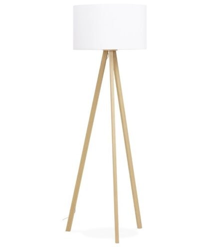 Lámpara JENSEN, pie salón, madera, pantalla blanca - ILUMINACIÓN