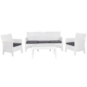 Set ADRIÁTICO, 2 Sillones + Sofá 3 plazas + mesa, polipropileno blanco, cojines incluidos - Conjuntos de hostelería