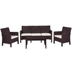 Set ADRIÁTICO, 2 Sillones + Sofá 3 plazas + mesa, polipropileno chocolate, cojines incluidos - Conjuntos de hostelería