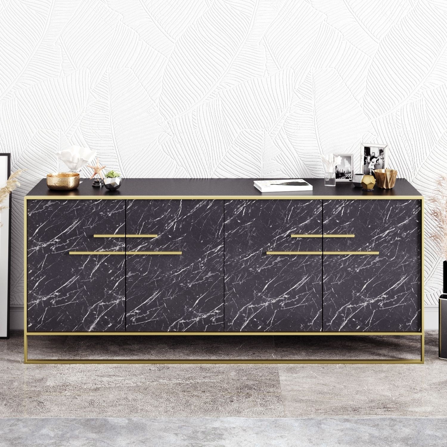 Aparador SIENA, biIaminado mármol negro con metal dorado, 180 cms. - COMEDORES