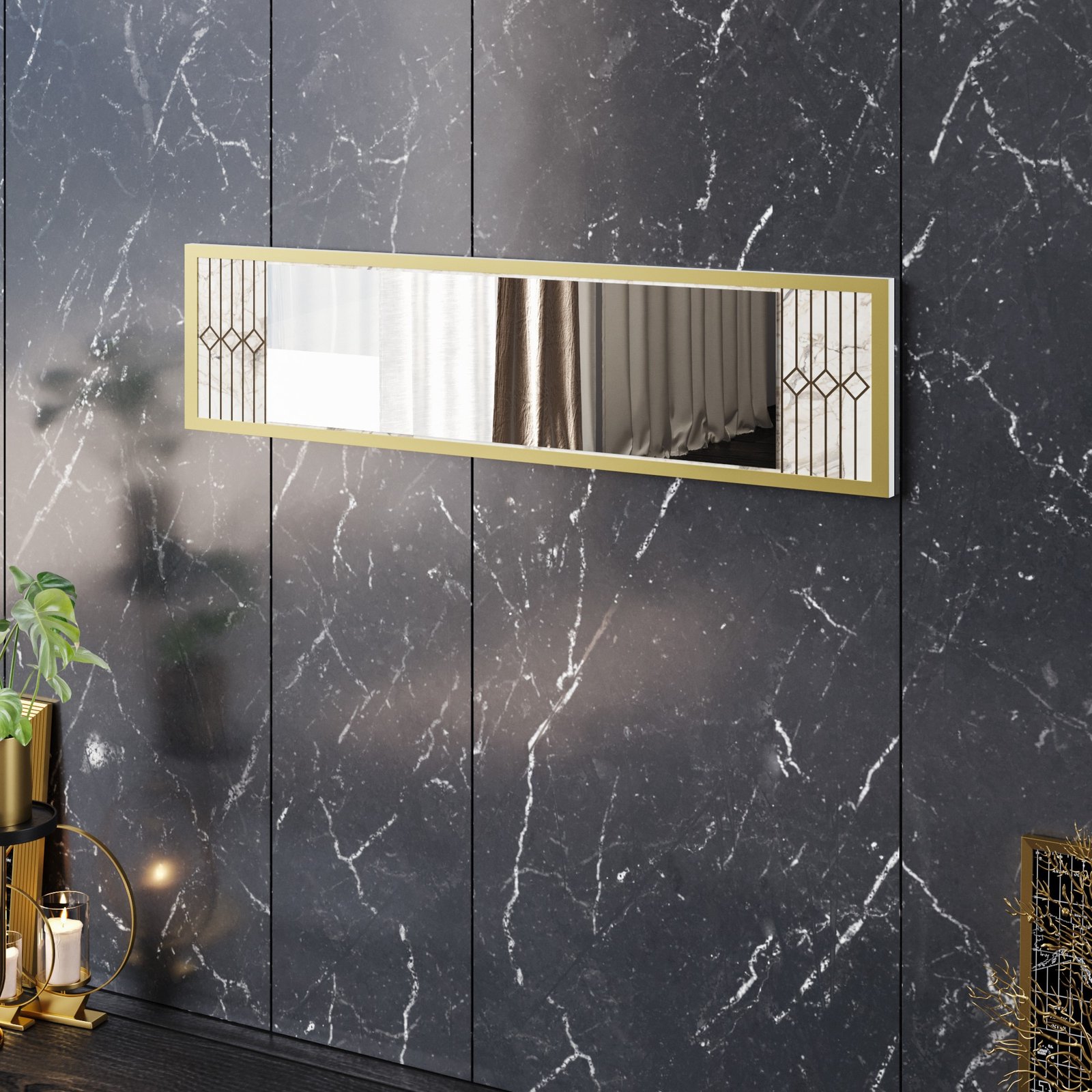 Espejo ELOISE, biIaminado mármol blanco con detalles dorados, 120 cms. - COMEDORES