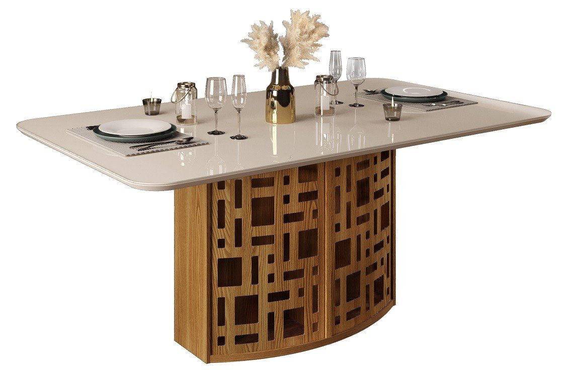 Mesa KALI, cristal, roble y blanco roto, 170×90 cms - MESAS