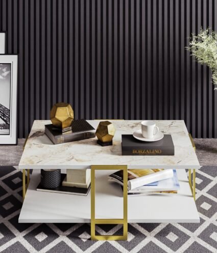 Mesa baja NAESI   white con  dorado 915 - Mesas auxiliares y de centro