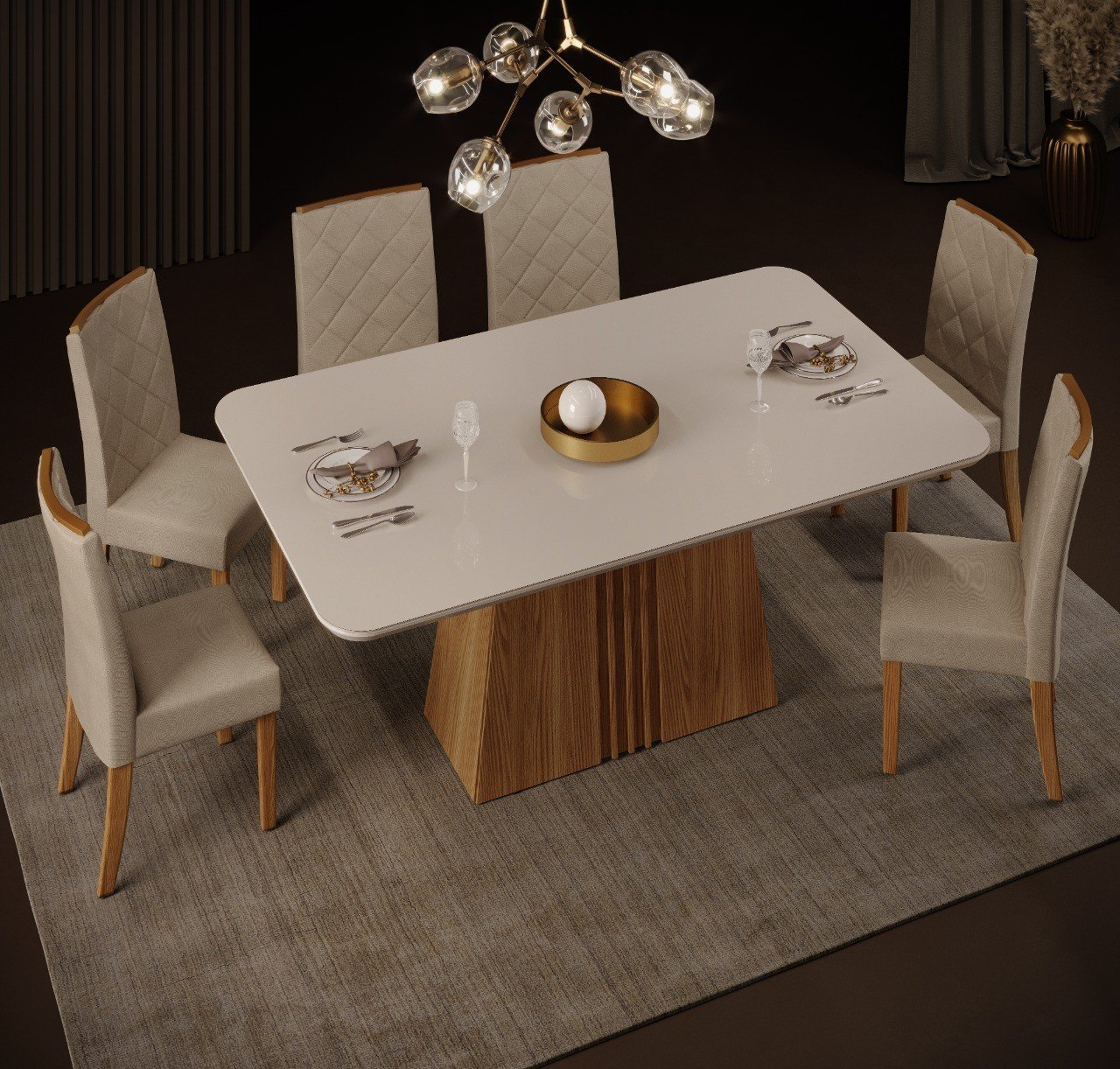 Mesa KALI, cristal, roble y blanco roto, 170×90 cms - MESAS