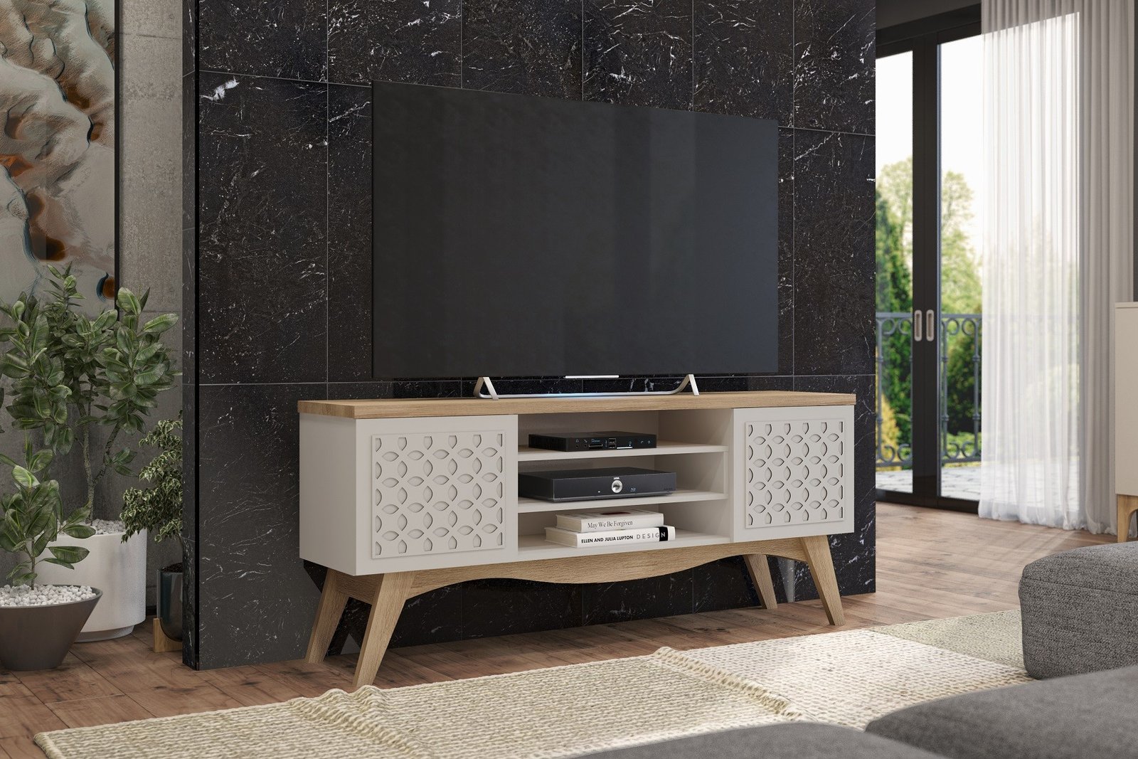 Mueble TV LIZ, blanco roto y cedro, 160 cms. - SALÓN