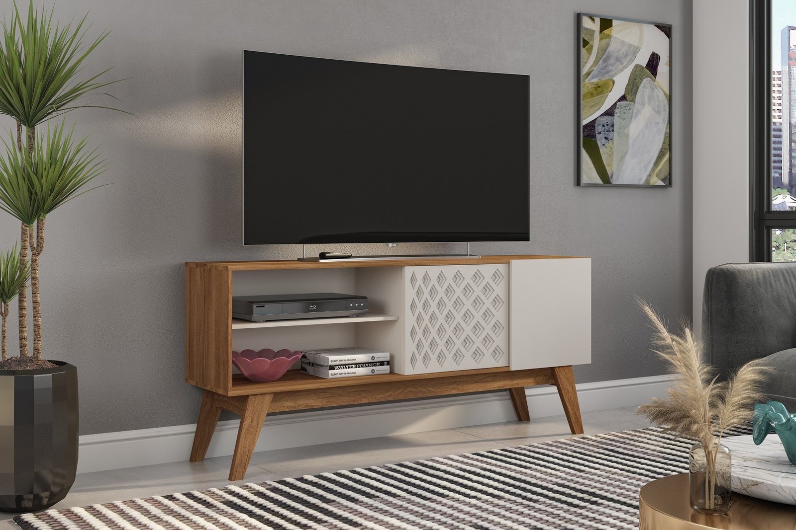 Mueble TV PREMIUM, matte y blanco roto, 150 cms. - SALÓN
