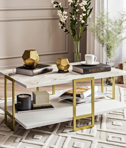 Mesa baja NAESI   white con  dorado 915 - Mesas auxiliares y de centro